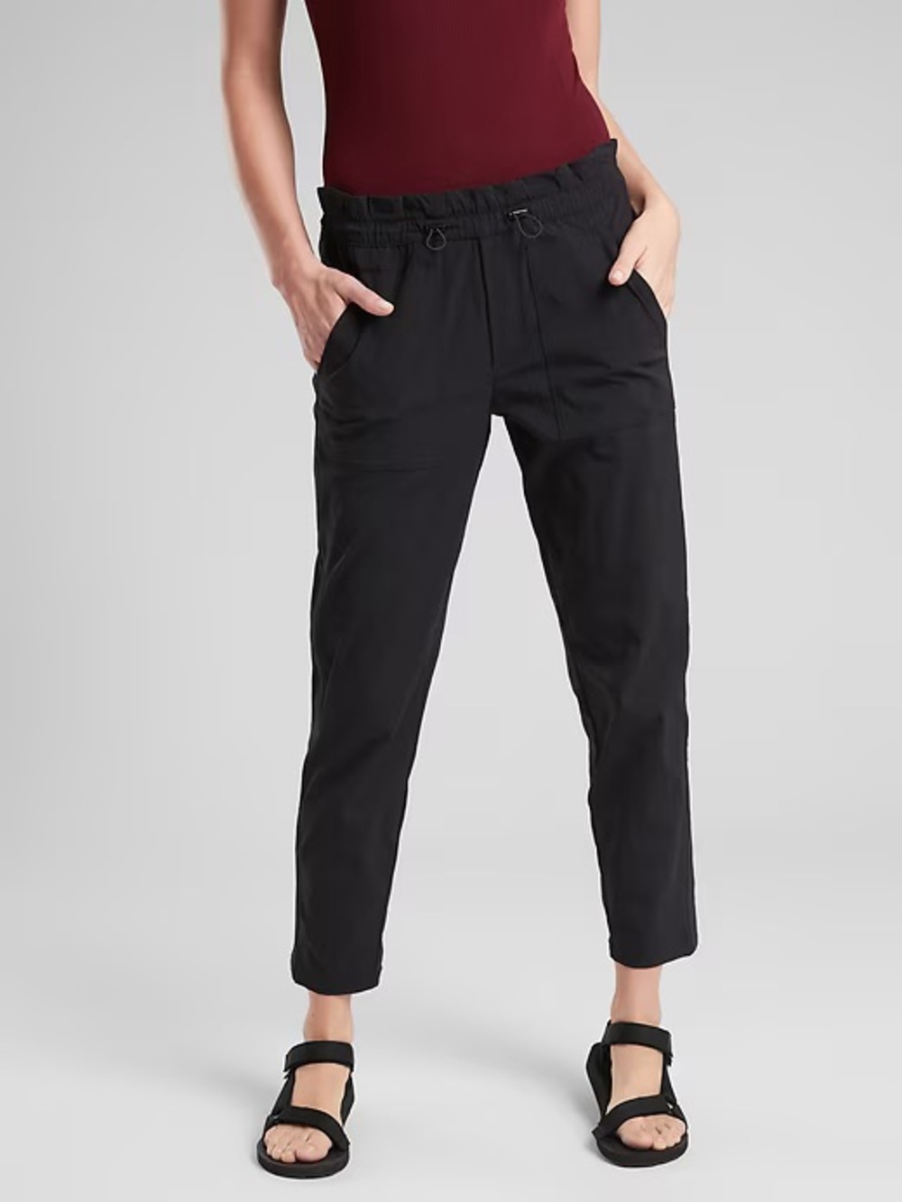 WAP92 {Athleta} "Trekkie Paper Bag Pants" Black Ripstop Tapered Straight Leg